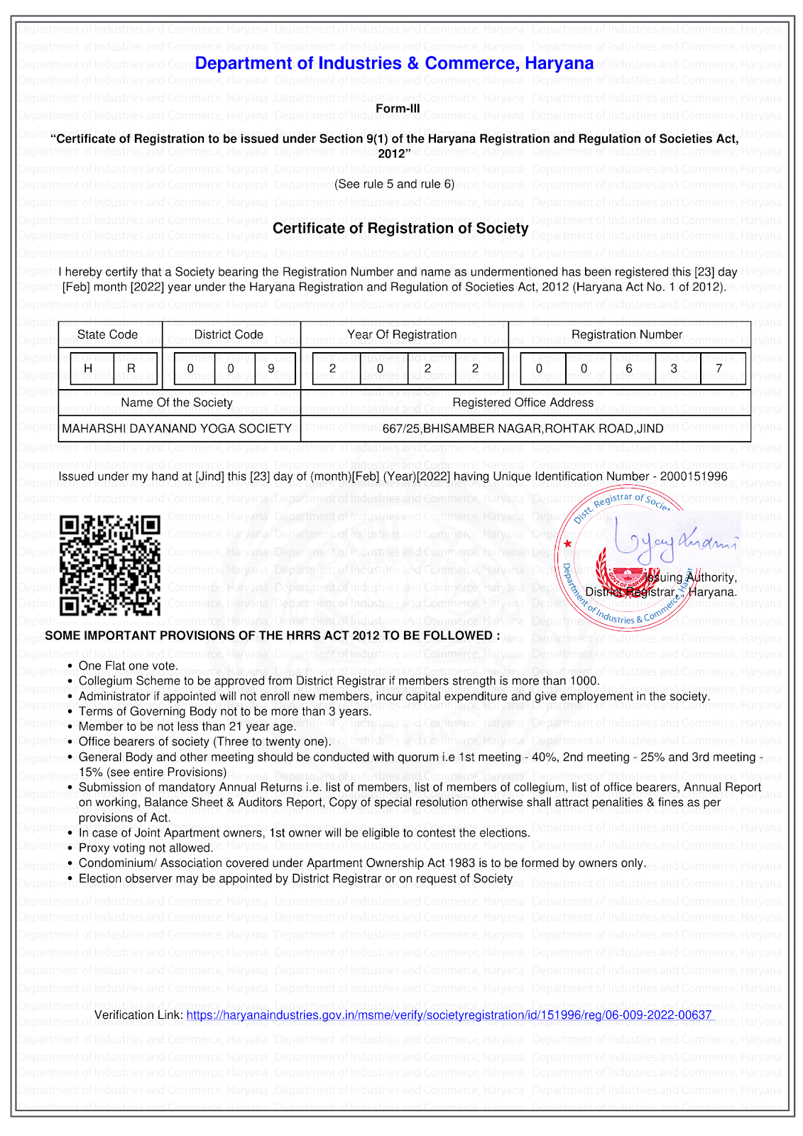 Registration certificate